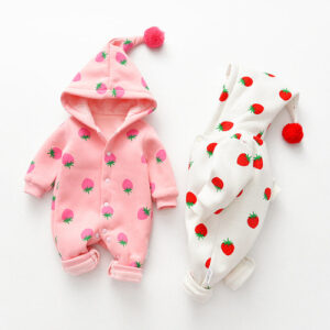 Baby Girl Strawberries Pattern Button Front Double Quilted Romper With - Image 3