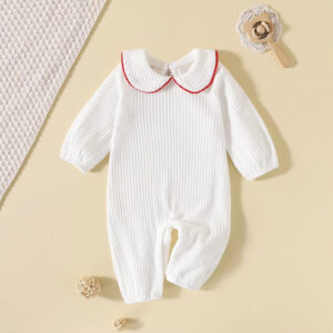 Baby Girl Solid Color Corduroy Fabric Doll Neck Rompers - Image 5